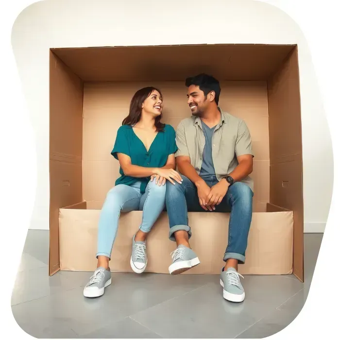 Two guys sitting on the floor of their apartment with Muval moving boxes